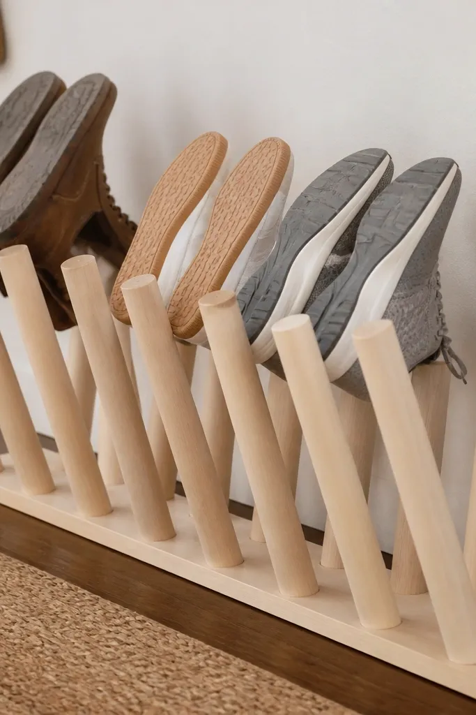 Wood dowel rack with angled supports holding shoes upright