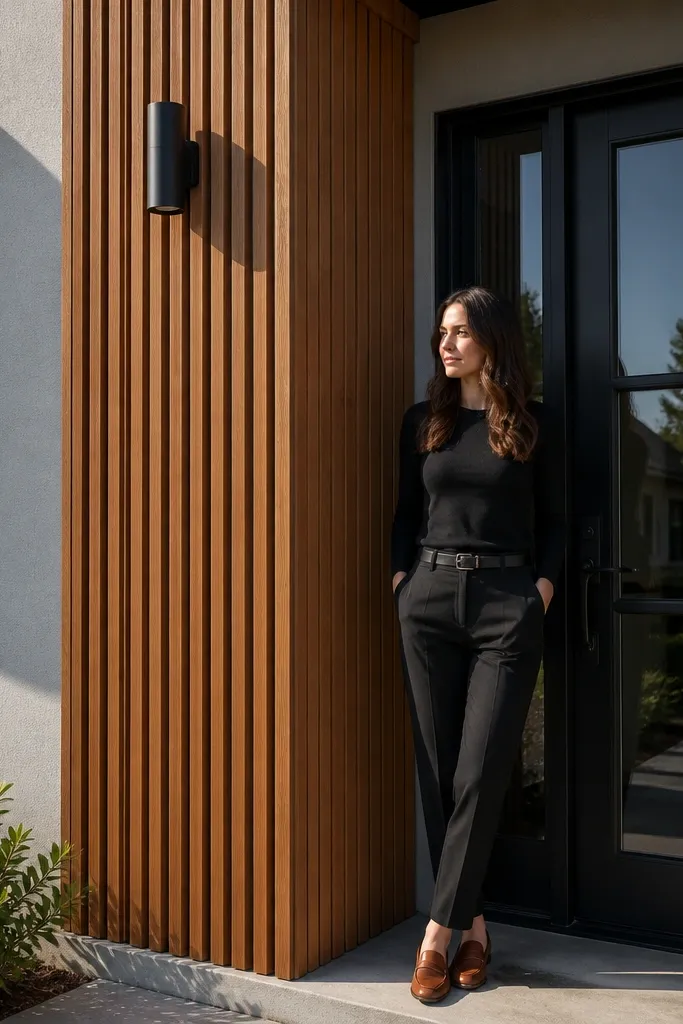 Light siding with vertical wood slats next to a dark front door