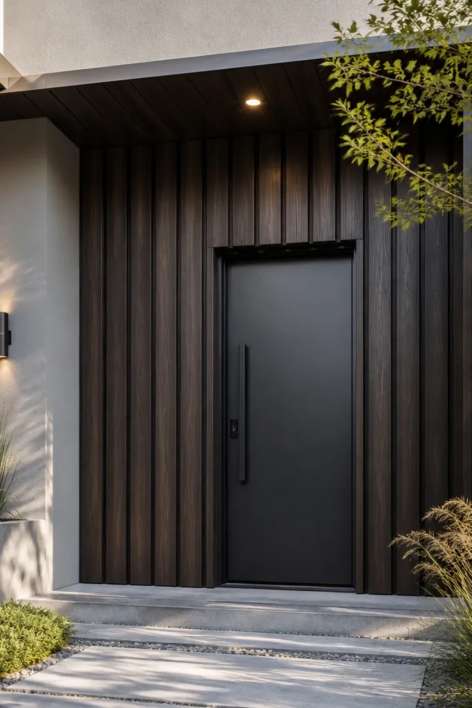 Dark board and batten wall framing a modern dark door and sidelights
