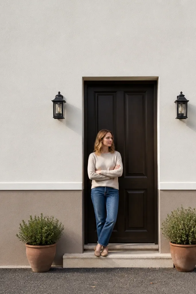 White stucco house with a gray mid-height trim band and dark window frames