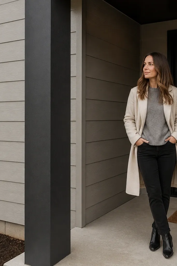 Horizontal siding with a tall porch column framing a small entry area