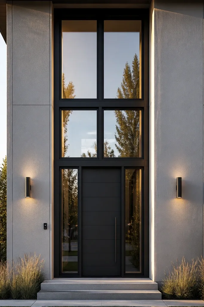 Two tall windows stacked with matte black frames on a light modern façade
