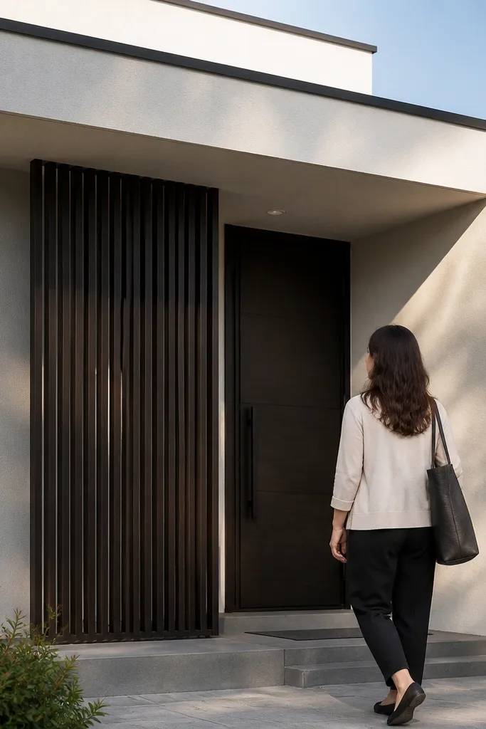 Flat-roof porch with a slatted screen panel above a modern front door