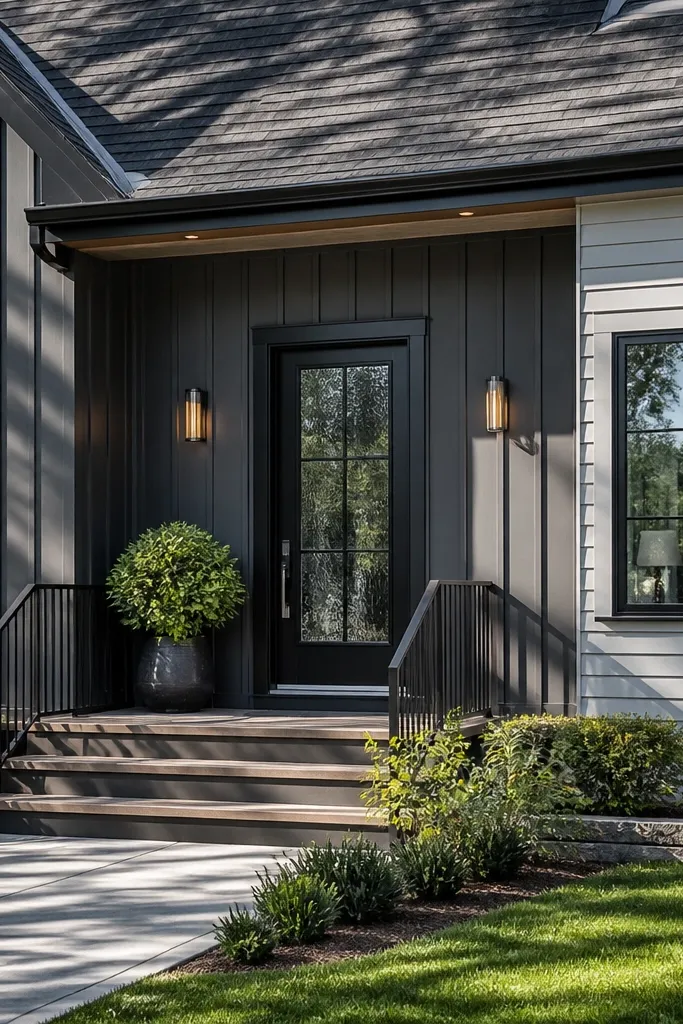 Board and batten feature section wrapping to a side wall, aligned with windows