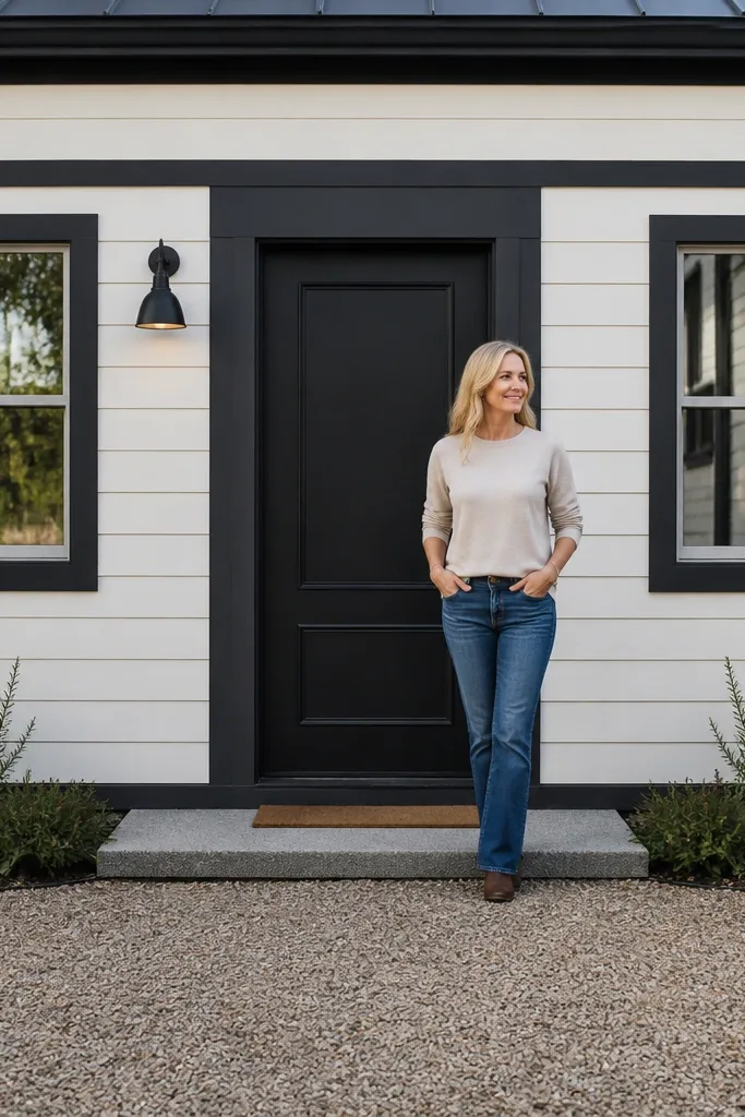 Light siding with dark trim rectangles around windows and a centered dark door