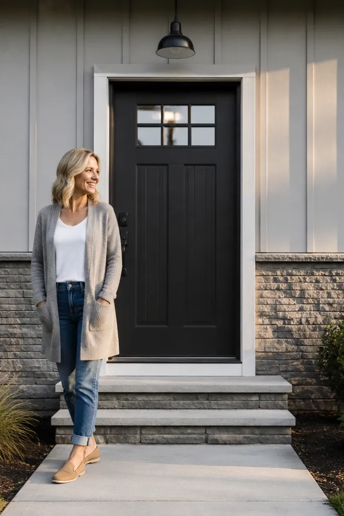Stone-look base band with vertical siding above and a modern dark door