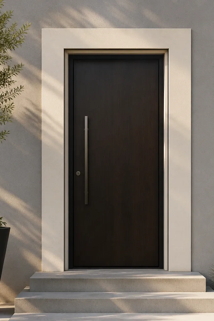 White stucco with a narrow shadow gap trim line around a modern black door