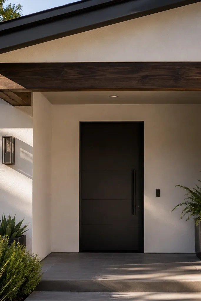 Modern entry with exposed dark beam trim under a small overhang