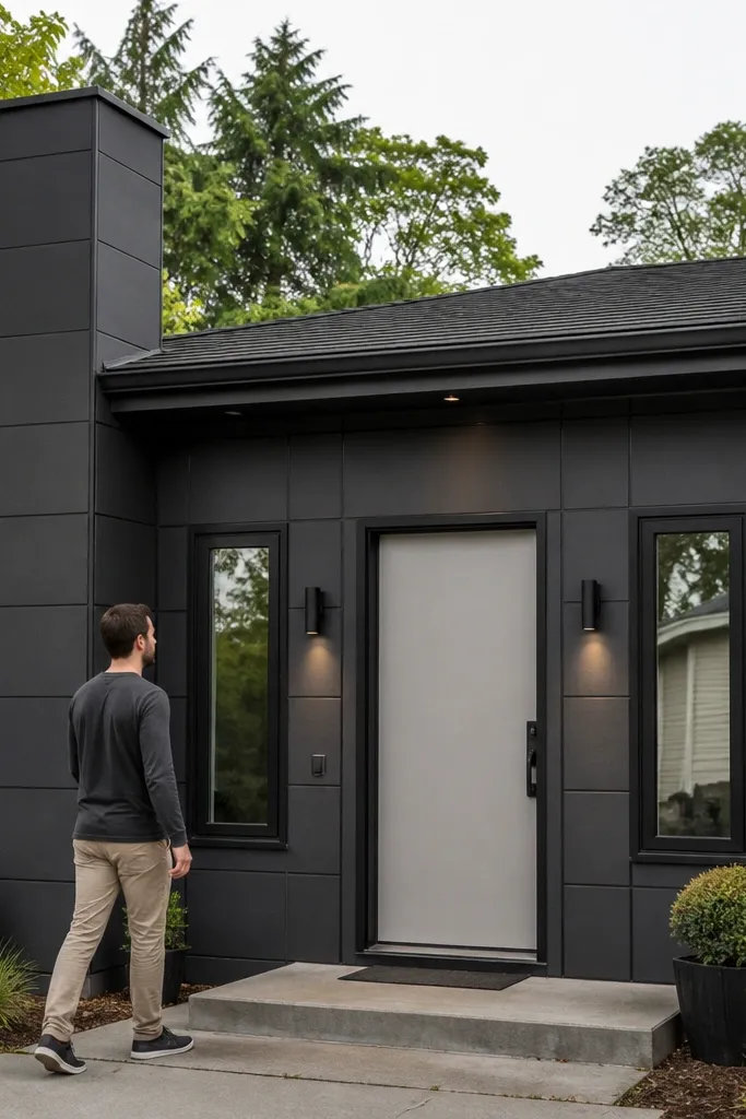Chimney wrapped in matching panels with a dark door and clean siding lines
