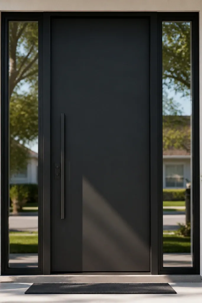 Centered black door with tall sidelights and slim casing on a light façade