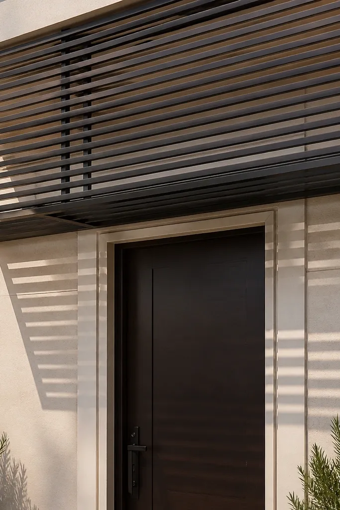 Simple entry with horizontal metal screen panels above a modern door