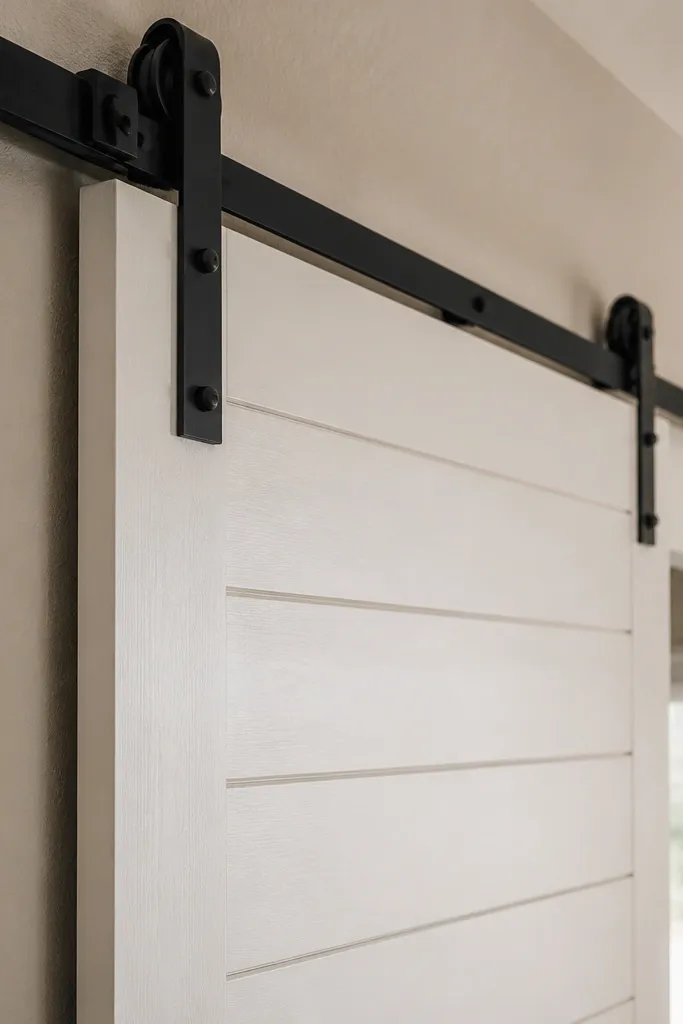 White shiplap sliding barn door with matte black track in a bright hallway