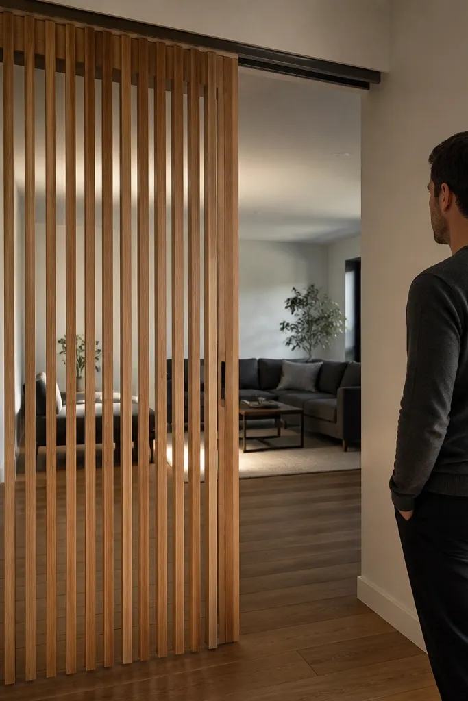 Light oak slat sliding door with clear finish and a black track