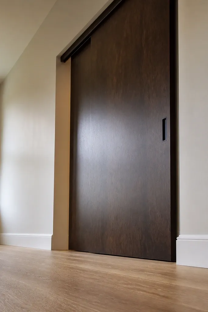 Dark walnut flat panel sliding door with a nearly invisible track above