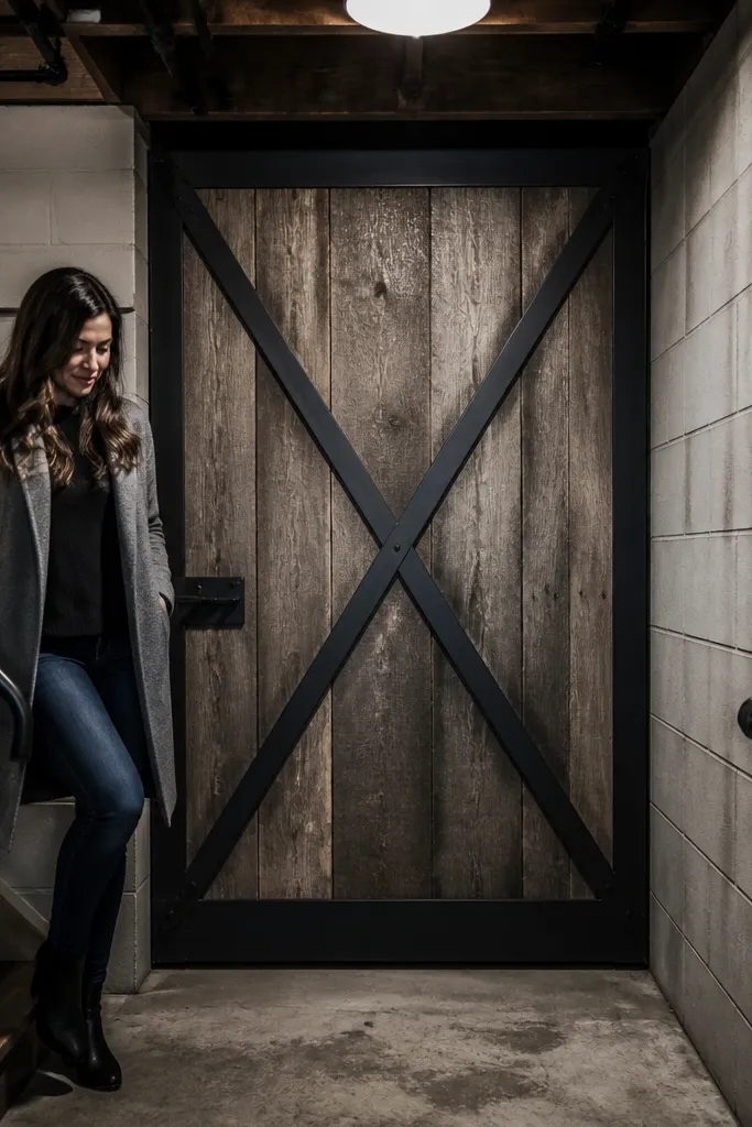 Reclaimed wood sliding barn door with black X steel bracing