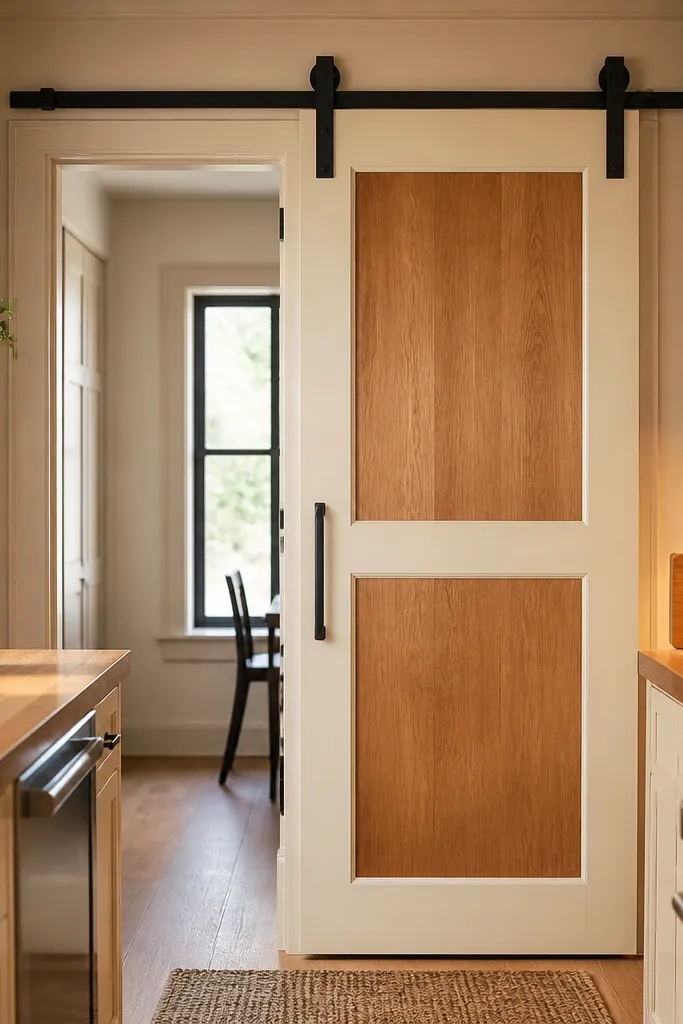 Two-tone sliding barn door with cream frame and natural wood panels