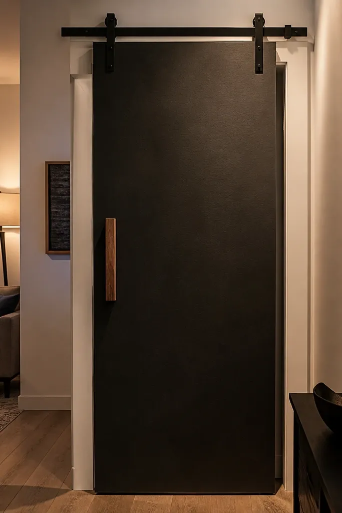 Matte black metal sliding door with a warm wood handle on a small entry
