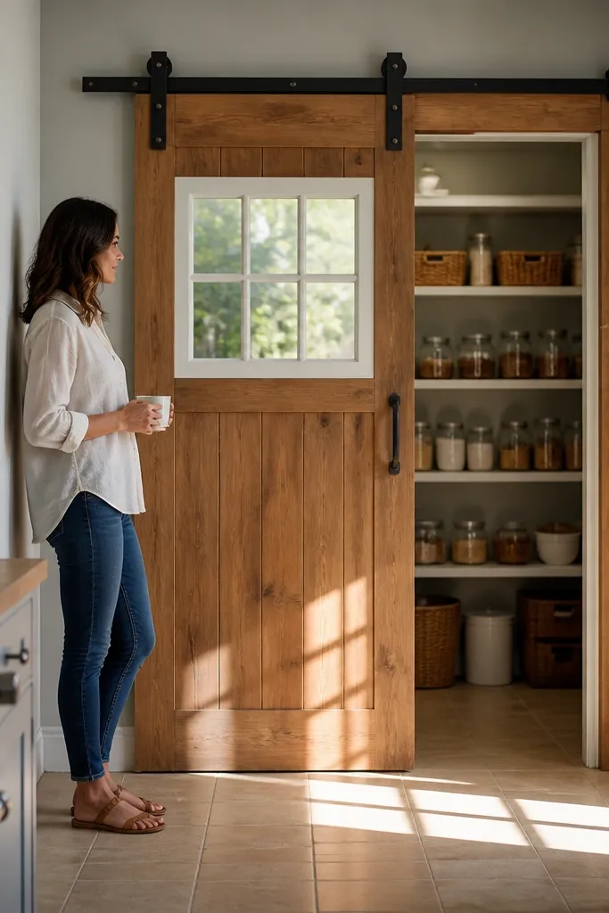 Sliding barn door with a small window insert and light wood finish