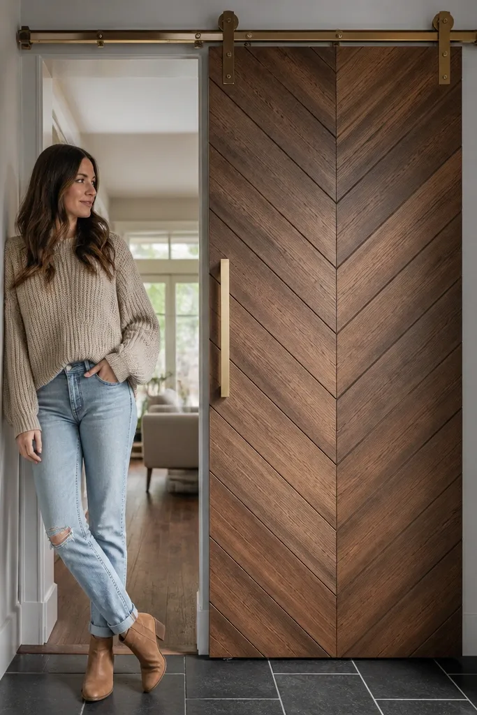 Rustic chevron plank sliding door with warm brass track and pulls