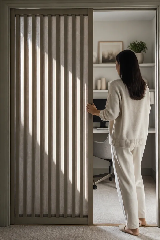 Vertical slat sliding barn door with a soft fabric layer behind for privacy