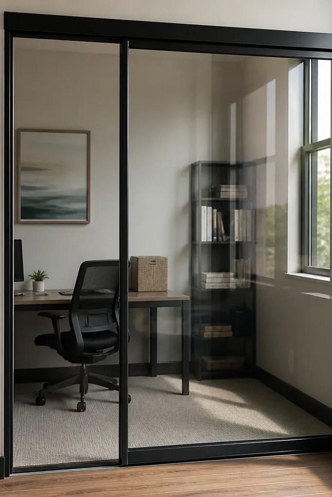 Clear acrylic sliding door with black frame and slim track