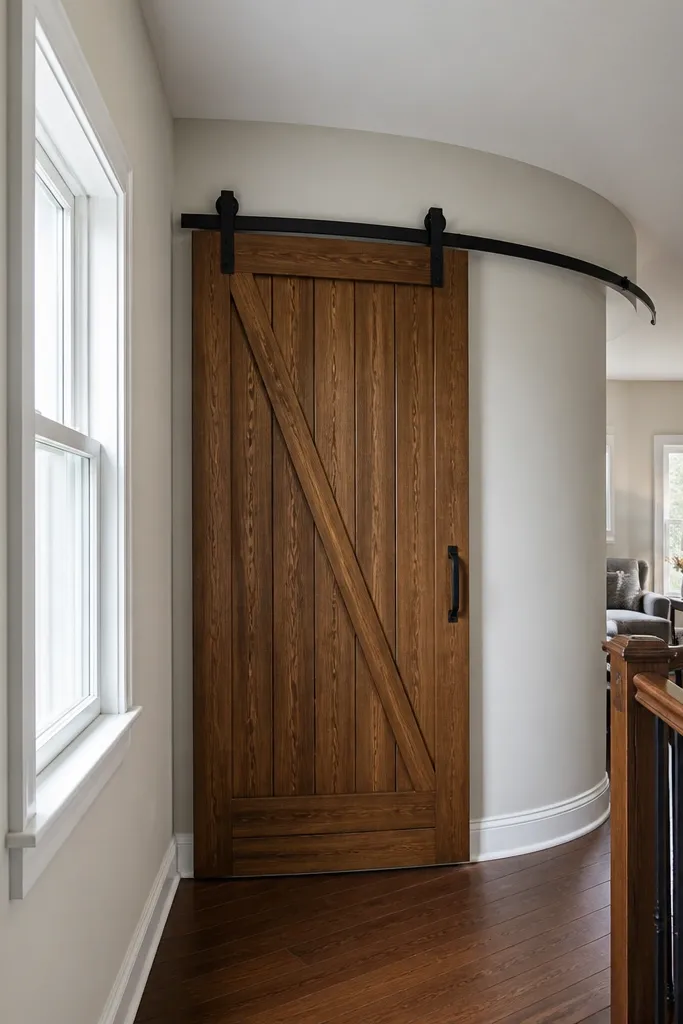 Sliding barn door on a curved track turning around a corner