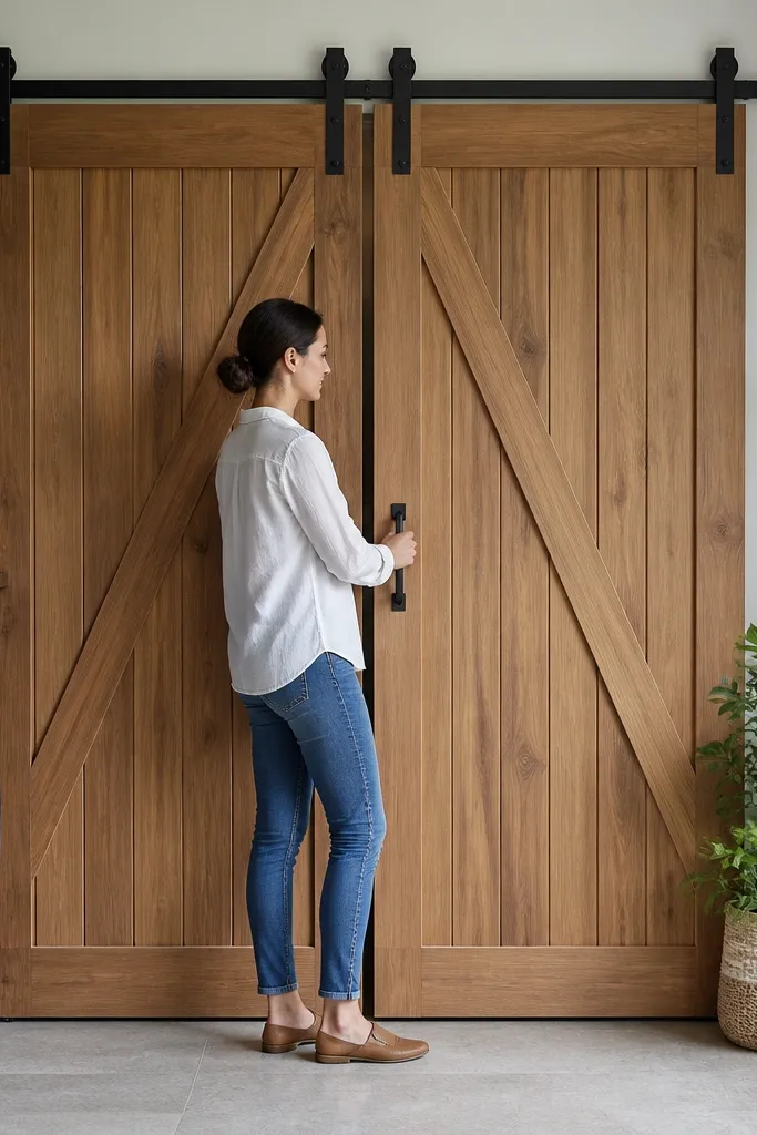 Two sliding barn door panels meeting in the middle with black track