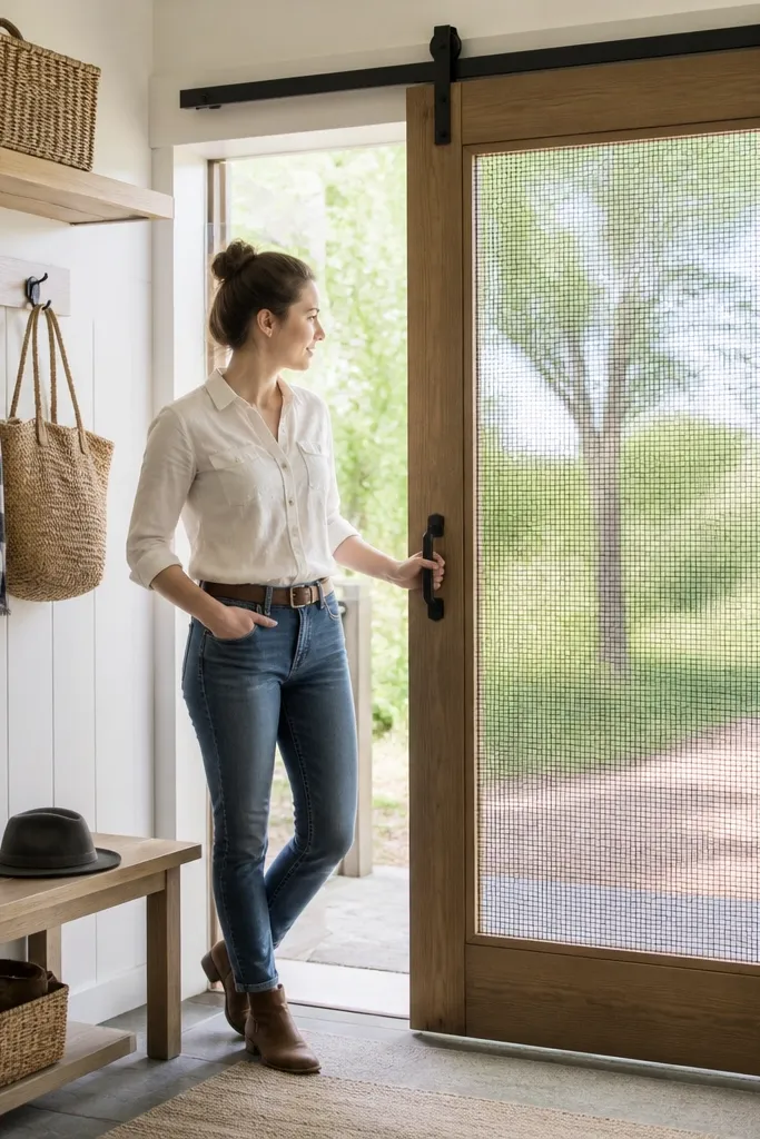 Sliding barn door with a built-in screen insert and warm wood frame