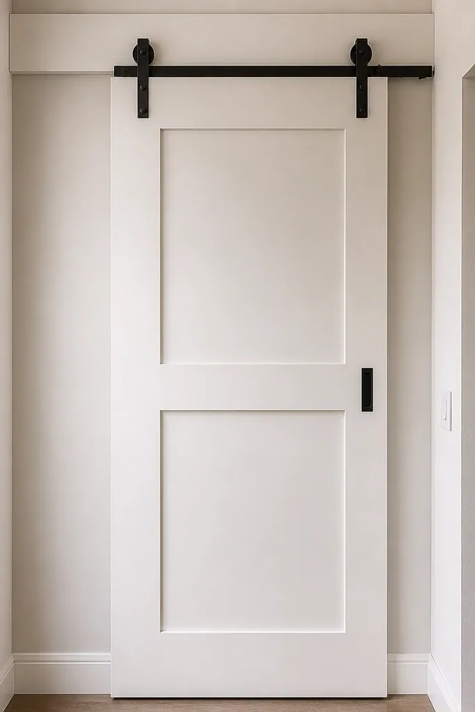 Shaker sliding barn door with a matching trim header and black track