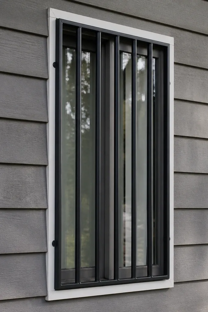 Matte black slim frame with evenly spaced vertical bars over a small sliding window