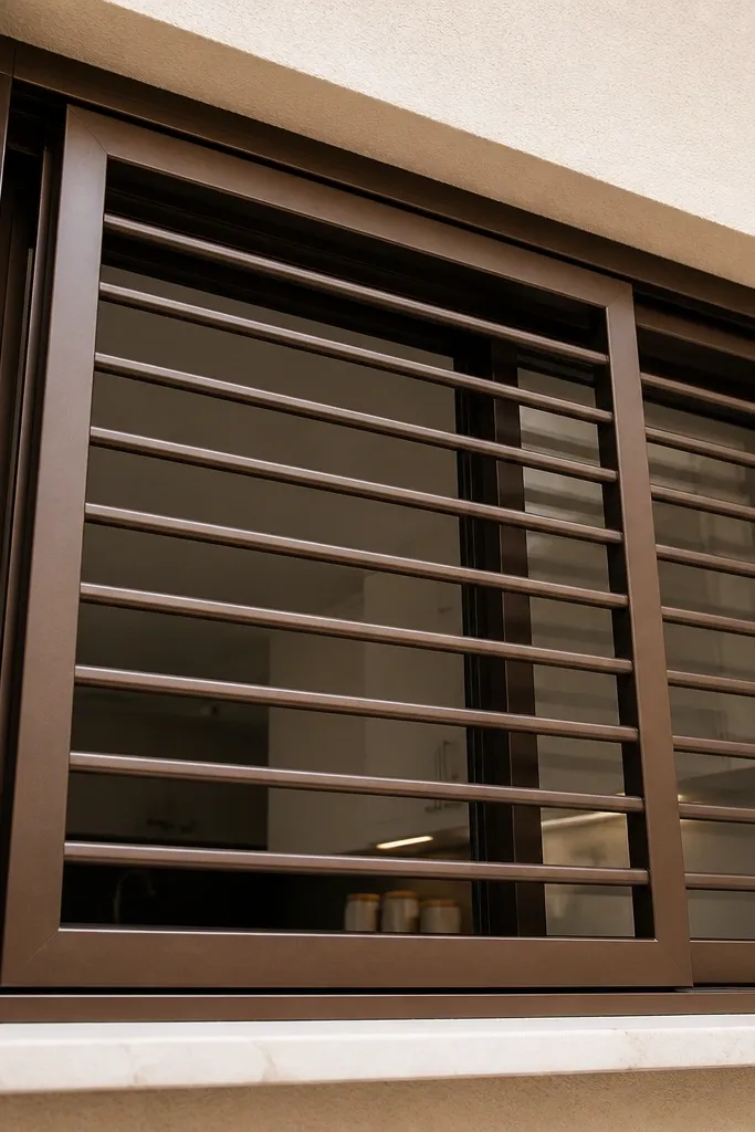 Matte bronze frame with thin horizontal slats, leaving space for window sliding
