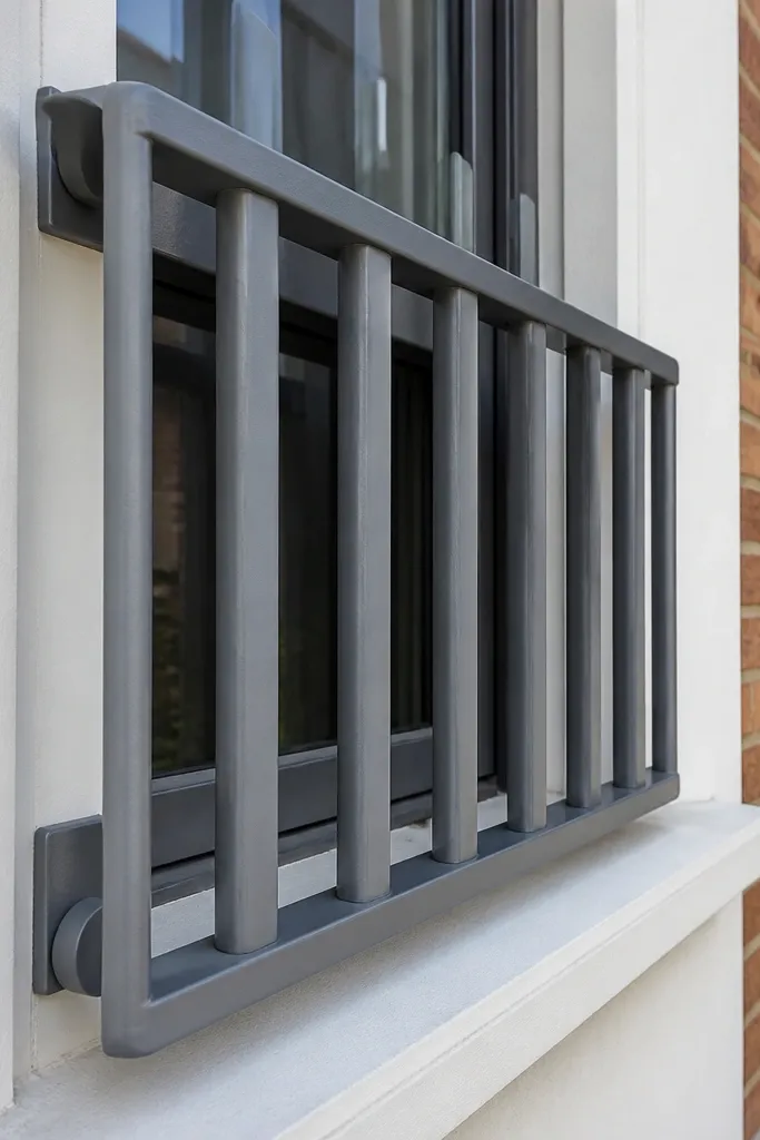 Soft gray grill with rounded vertical bars and a clean framed border