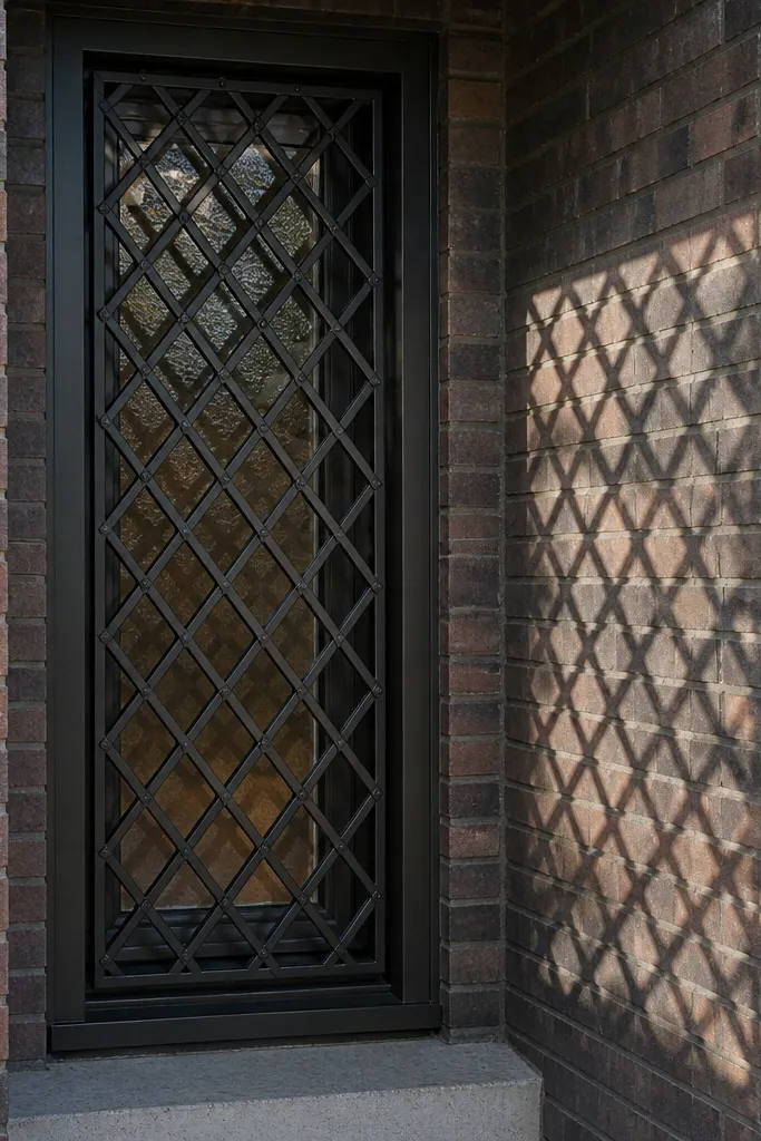 Small window grill with a diamond pattern made from metal bars in a slim frame