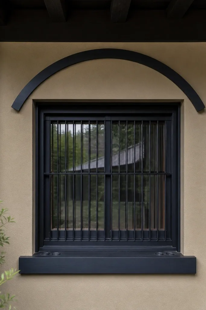 Small window grill with an arched top rail and straight vertical bars