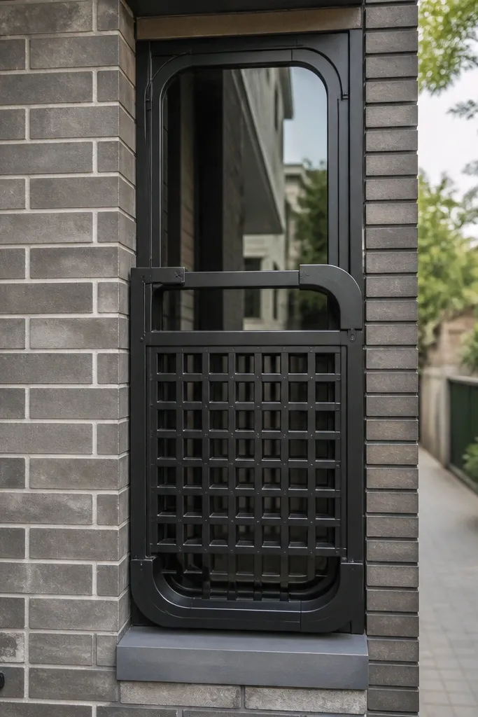Small window grill with curved corners and a geometric half-grid pattern