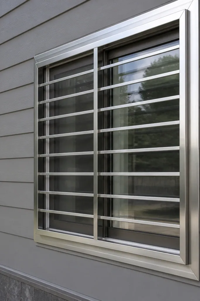 Silver stainless-look grill grid on a small sliding window