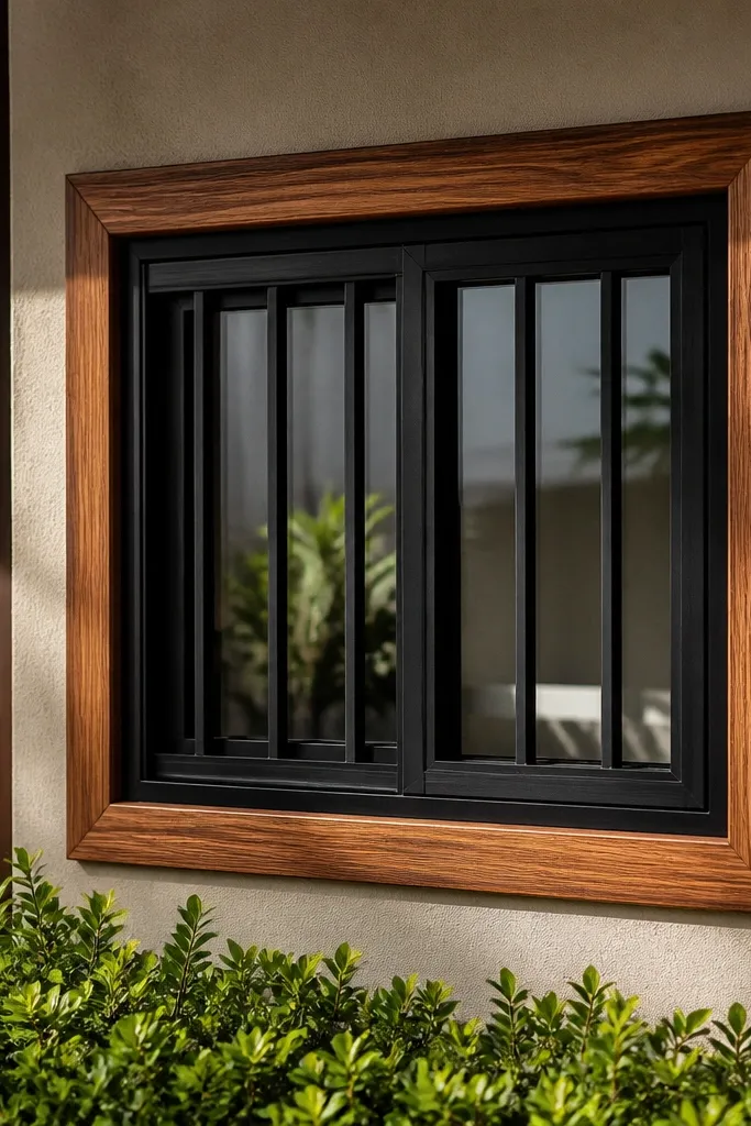 Black metal grill frame with a thin wood accent around the window