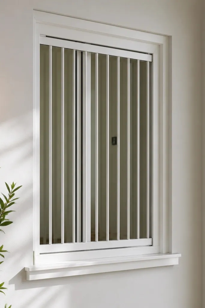 Bright white grill with narrow vertical bars and a thin top rail on a small window