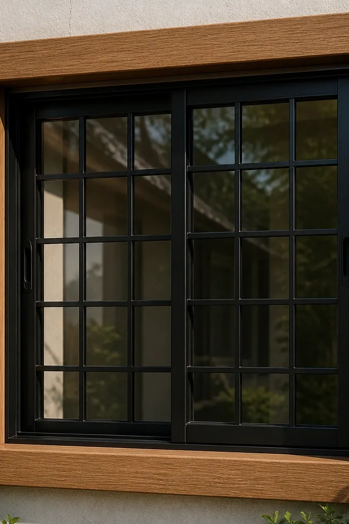 Outer woodgrain wrap with inner black grid over a small sliding window