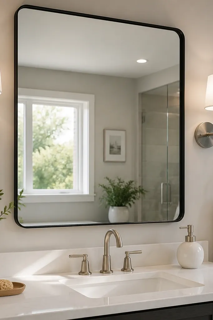 Large mirror above a small vanity with warm light and matching hardware