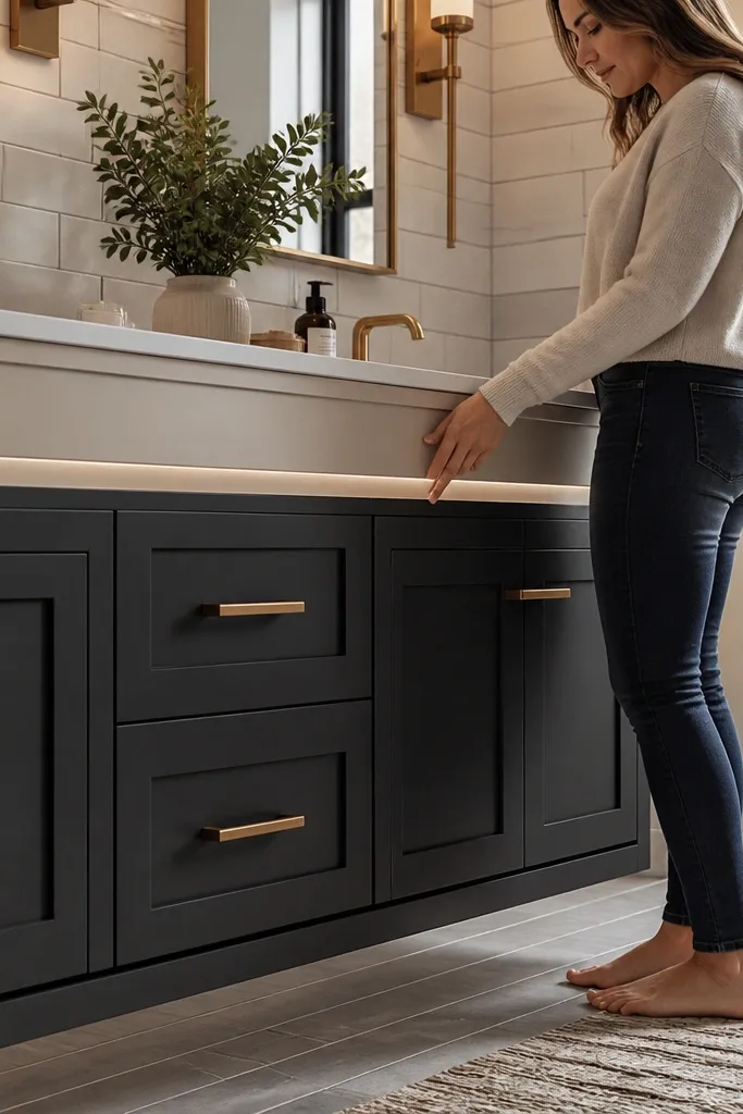 Small floating vanity painted two tones with a bright white countertop
