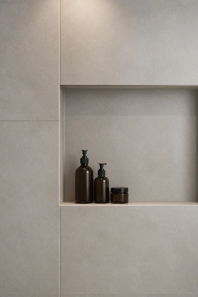 Built-in shower niche with shelves and neatly grouted matching wall tile