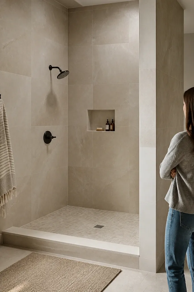 Small bathroom wall tiled with large porcelain in a staggered pattern