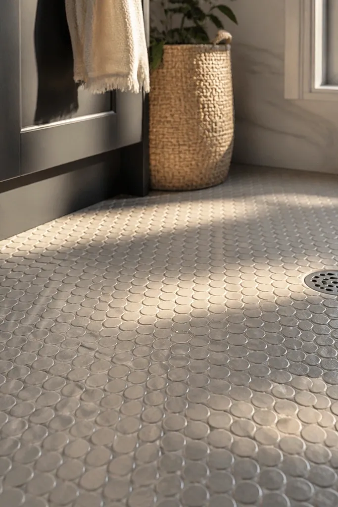 Warm gray penny tile look peel-and-stick floor in a small bathroom