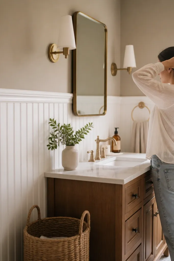 Matte painted half-wall with white beadboard in a small bathroom