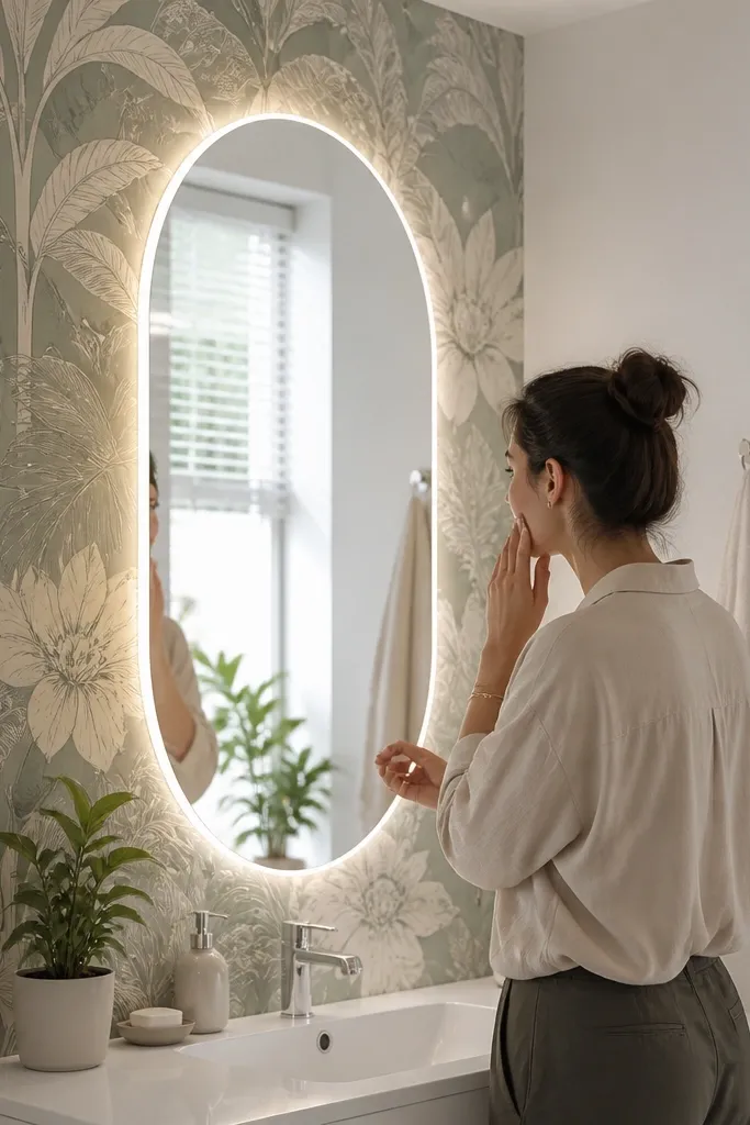 Patterned wallpaper panel behind a mirror with a clean sealed edge