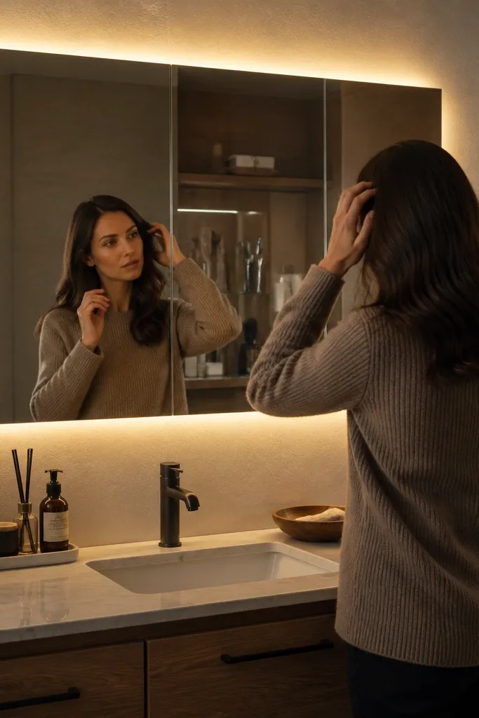 Frameless LED mirror cabinet with small bathroom storage inside