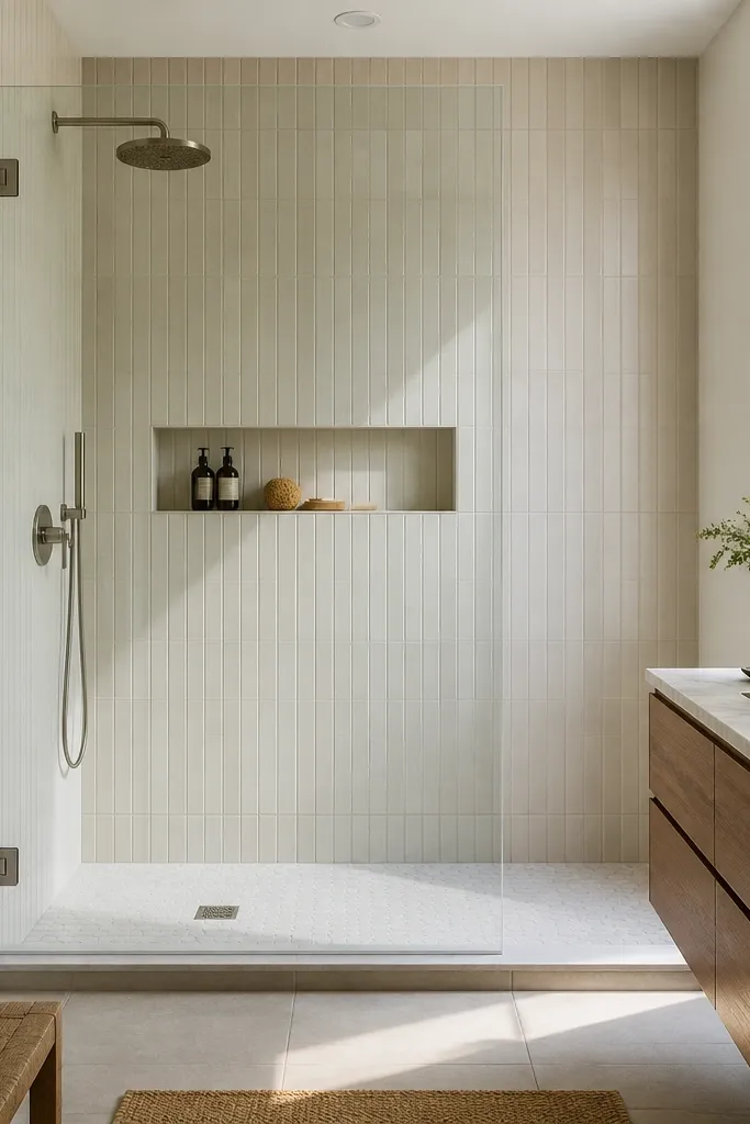 Shower with a clear inline glass panel and sleek hardware