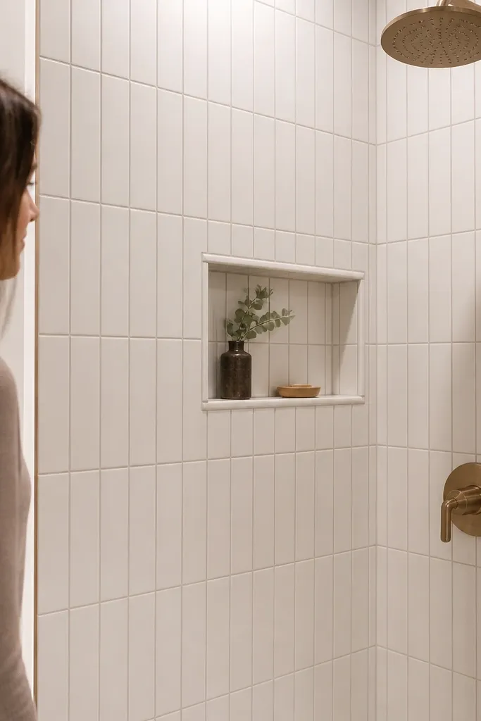 Shower walls tiled with vertical subway tiles and smooth edge trim