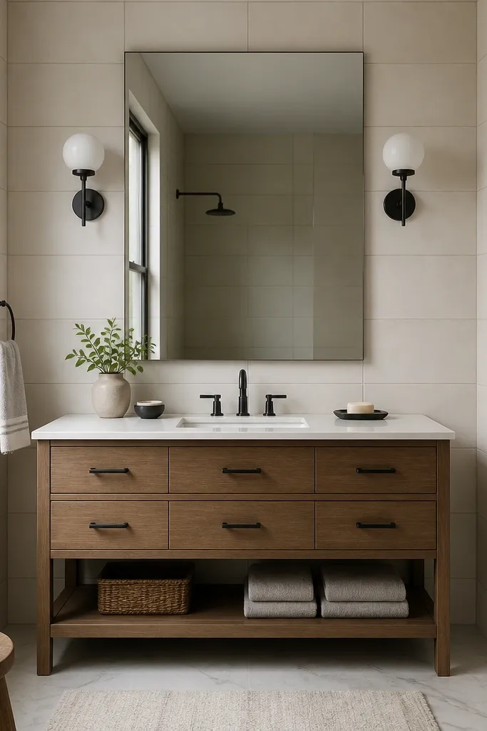 Matte white tile backsplash behind a small vanity with warm grout